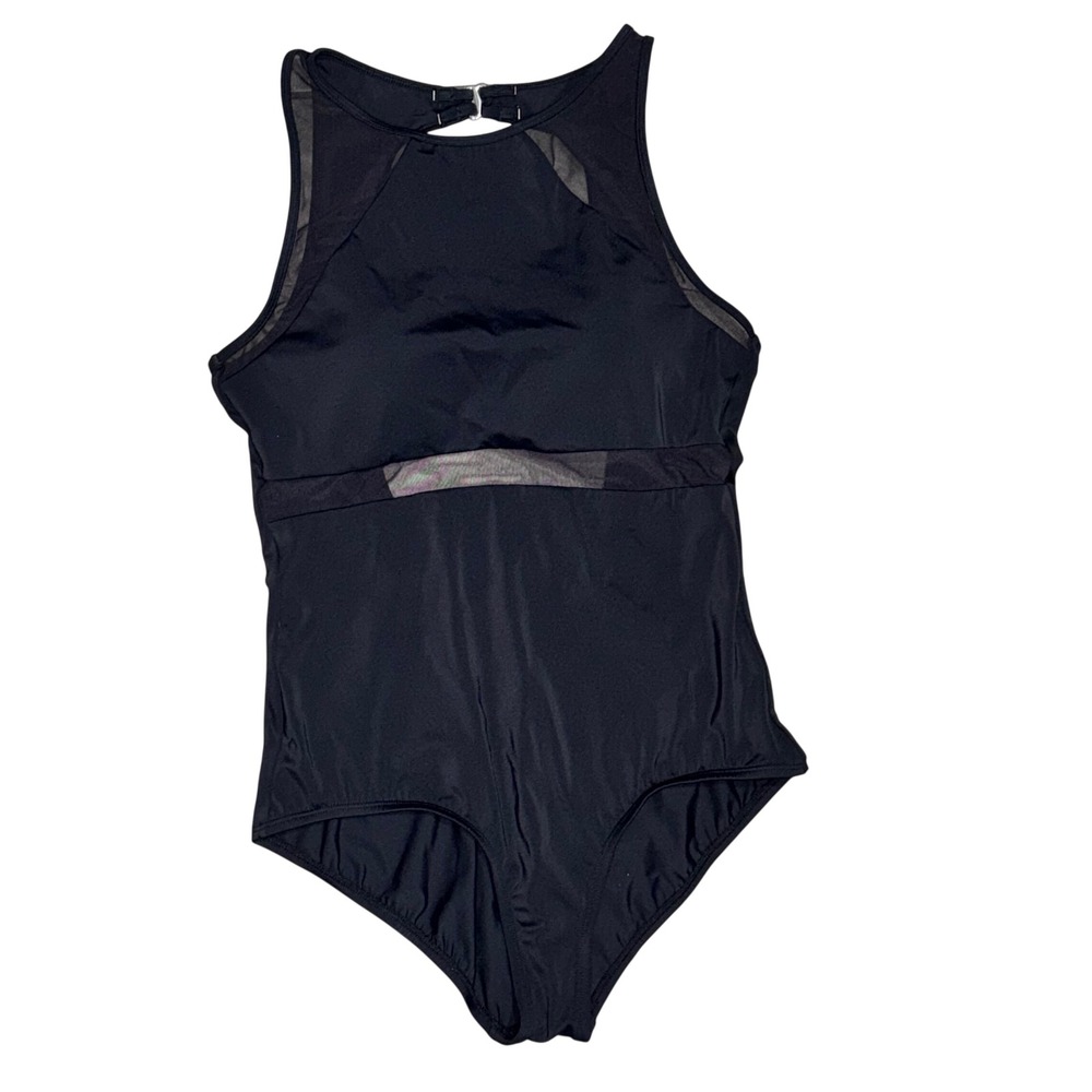 Jantzen One Piece Swimsuit 14 Black Excellent Mesh High Neck Keyhole Back $05